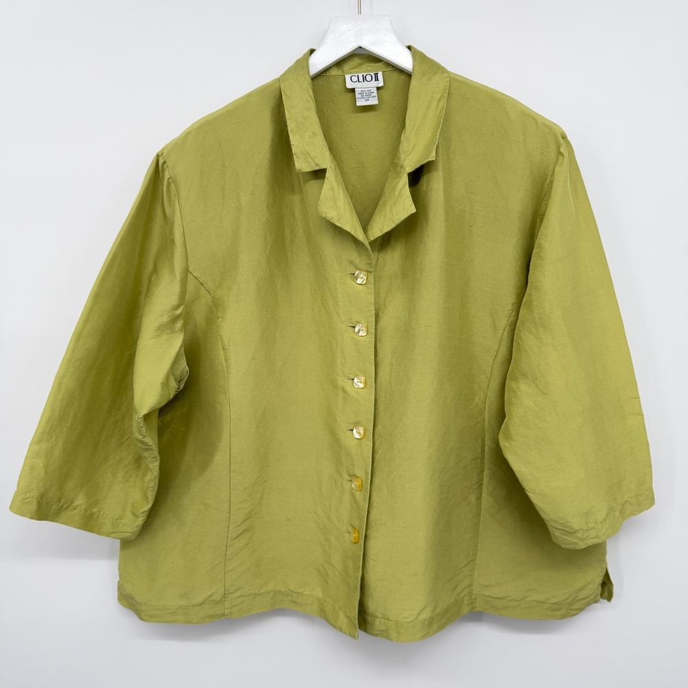 Vintage Clio II Top Shirt Size 2X Shoulder Pads 100% Silk 3/4 Sleeves Earthy